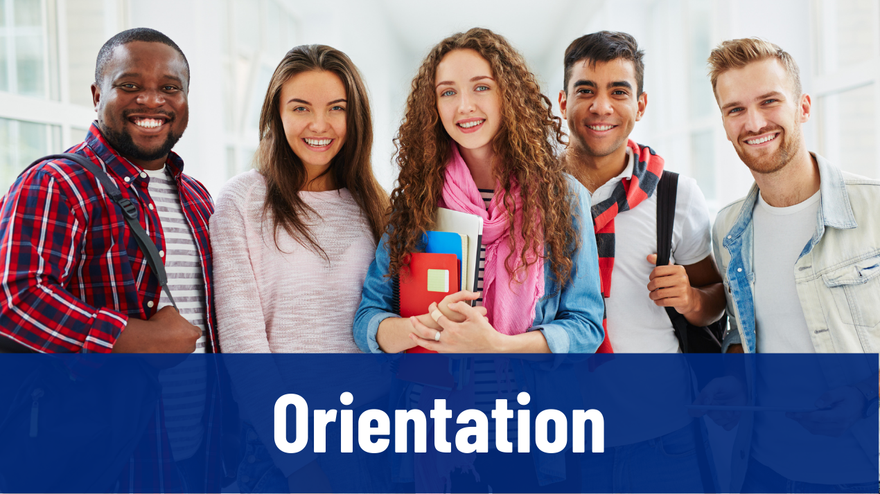 Orientation Button with image of five students smiling and holding notebooks