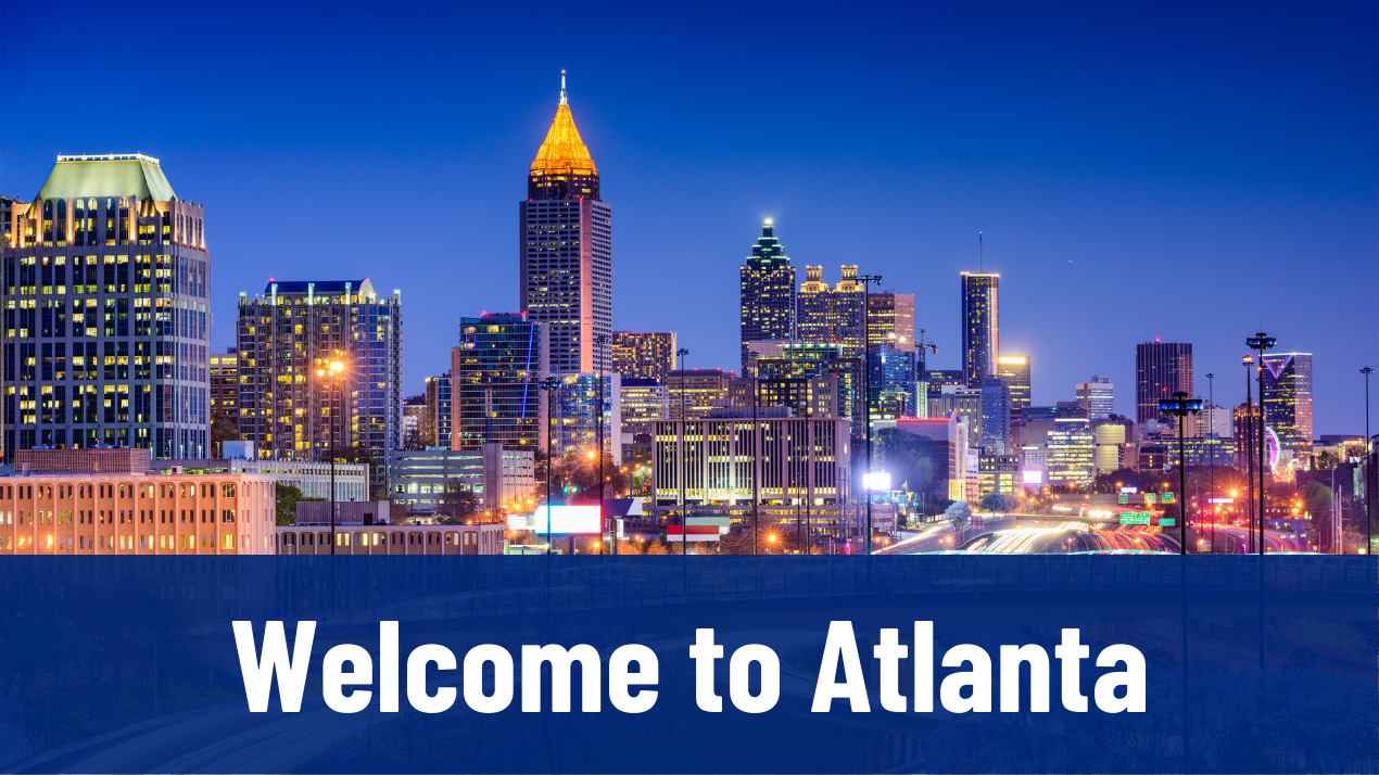 Welcome to Atlanta Button with Atlanta skyline image in background